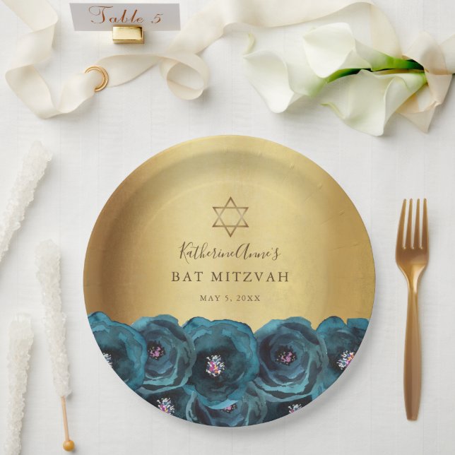 Elegant Teal Rose Floral Gold Bat Mitzvah Paper Plate (Wedding)