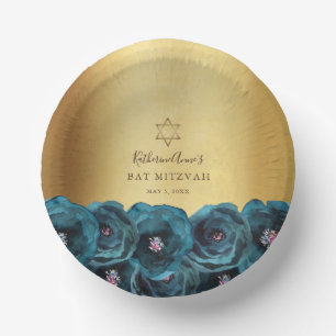Elegant Teal Rose Floral Gold Bat Mitzvah Paper Plate