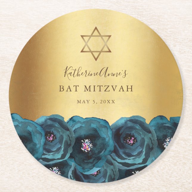 Elegant Teal Rose Floral Gold Bat Mitzvah Round Paper Coaster (Front)