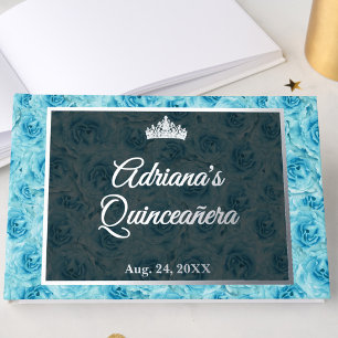 Elegant Teal Rose Floral Quinceanera Silver  Guest Book