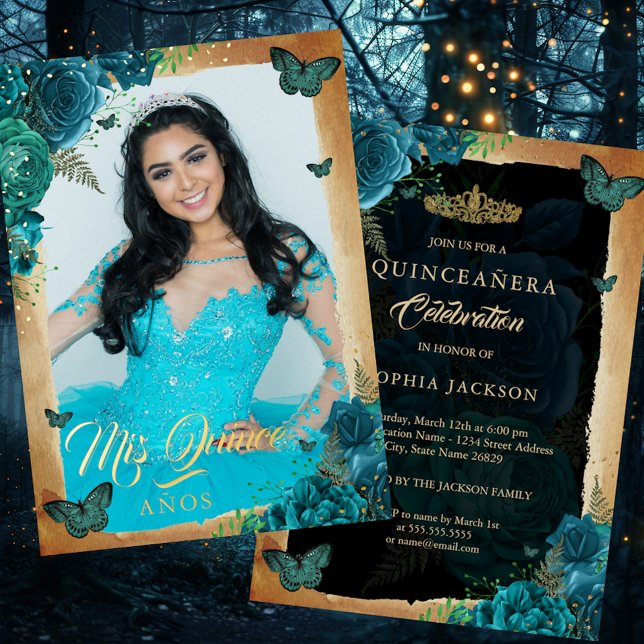 Elegant Teal Rose Gold Floral Photo Quinceanera  (Creator Uploaded)