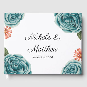Elegant Teal Rose & Orange Daisey Wedding Guest Book