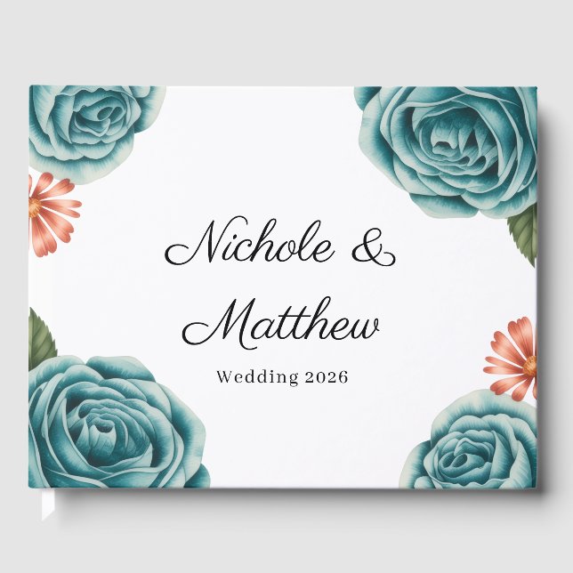 Elegant Teal Rose & Orange Daisey Wedding Guest Book (Front)