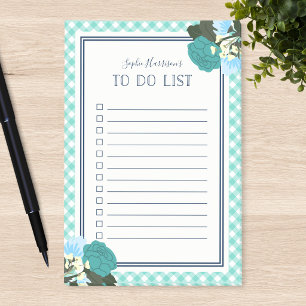 Elegant Teal Roses Floral Gingham To Do List Post-it Notes