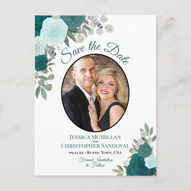 Elegant Teal Roses & Photo Wedding Save the Date Announcement Postcard (Front)