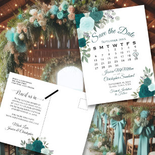 Elegant Teal Roses Wedding Save the Date Calendar Announcement Postcard