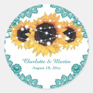 Elegant Teal Rustic Chic Sunflower Wedding Classic Round Sticker