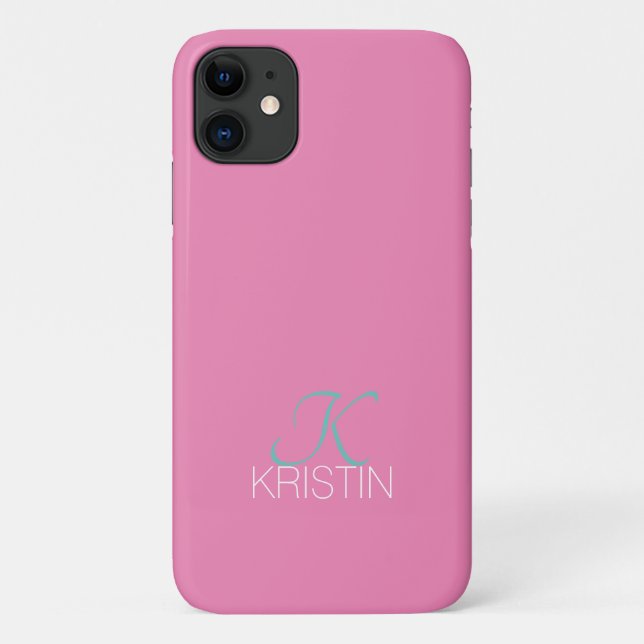 Elegant Teal Script Monogram & Name, Pink Case-Mate iPhone Case (Back)