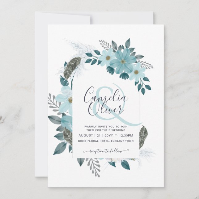 Elegant Teal Sea Glass Blue Floral Arch Wedding Invitation (Front)