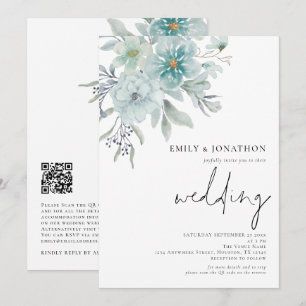 Elegant Teal Sea Mist Florals QR Code Wedding Invitation