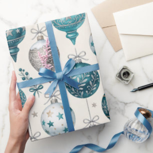 Elegant Teal Silver Christmas Ornaments Pattern Wrapping Paper