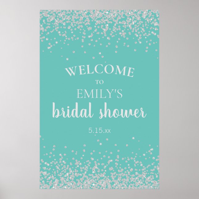 Elegant Teal Silver Confetti Bridal Shower Poster (Front)