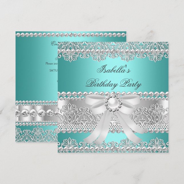 Elegant Teal Silver Diamond Pearl Birthday Party Invitation (Front/Back)