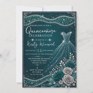 Elegant Teal Silver Glam Glitter Dress Quinceanera Invitation