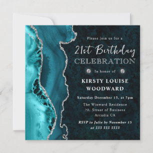 Elegant Teal & Silver Glitter Agate 21st Birthday Invitation