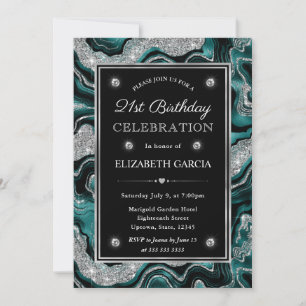 Elegant Teal & Silver Glitter Agate 21st Birthday Invitation