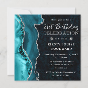 Elegant Teal & Silver Glitter Agate 21st Birthday Invitation