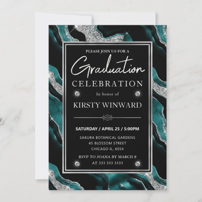 Elegant Teal & Silver Glitter Agate Graduation Invitation (Front)