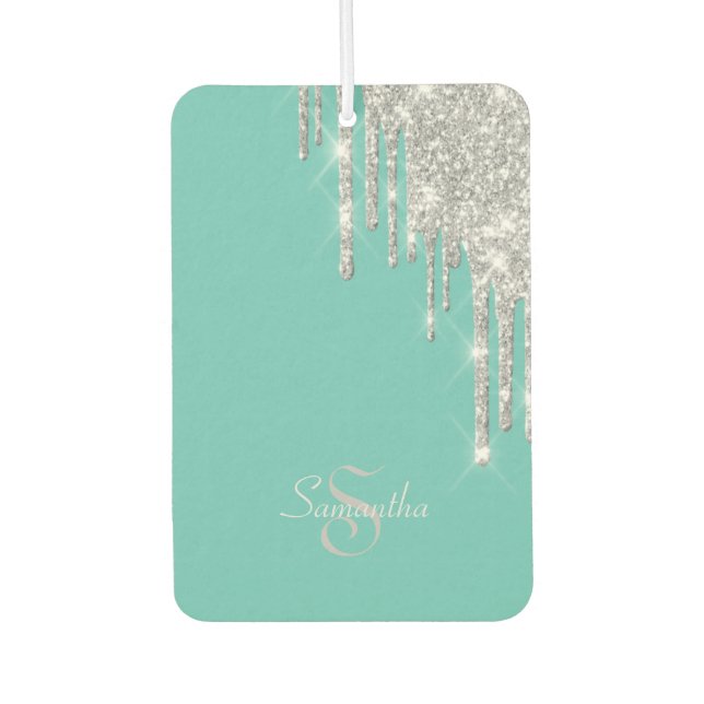 Elegant Teal, Silver Glitter Drips Air Freshener (Front)