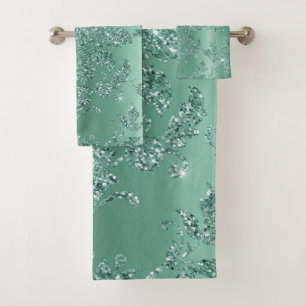 Elegant Teal Silver Glitter Pattern Design Bath Towel Set