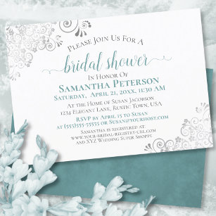 Elegant Teal & Silver Lace White Bridal Shower Invitation