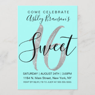 Elegant Teal Silver Sequin Glitter Sweet 16 Invitation