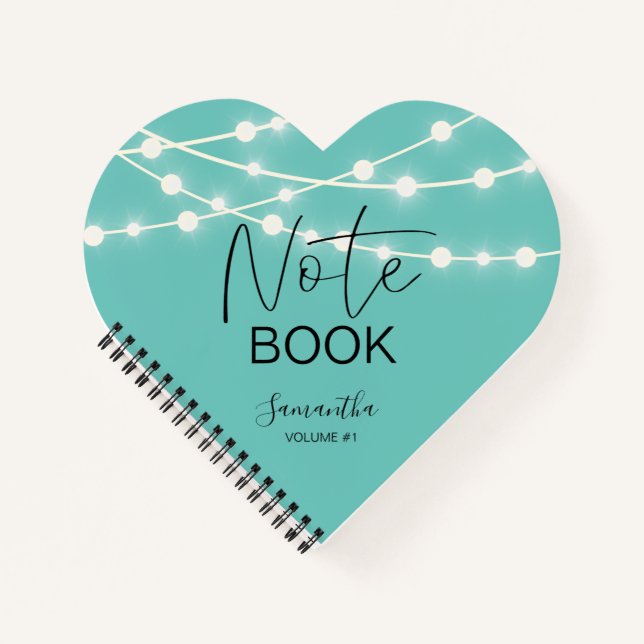 Elegant Teal String Lights Your Name Notebook (Front)