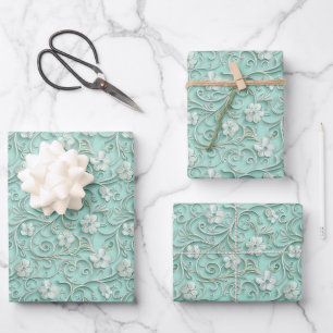 Elegant teal swirl flower pattern  wrapping paper sheet