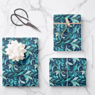 Elegant teal swirl leaf pattern  wrapping paper sheet