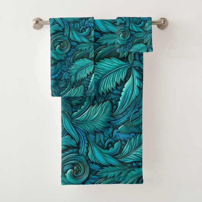 Elegant teal tooled leather bath towel set (Insitu)