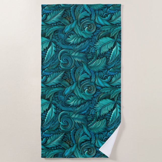 Elegant teal tooled leather beach towel (Front)