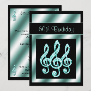 Elegant, Teal Treble Clefs 60th Birthday Invitation