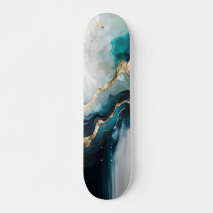 Elegant Teal Turquoise & Gold Marble Stone Skateboard