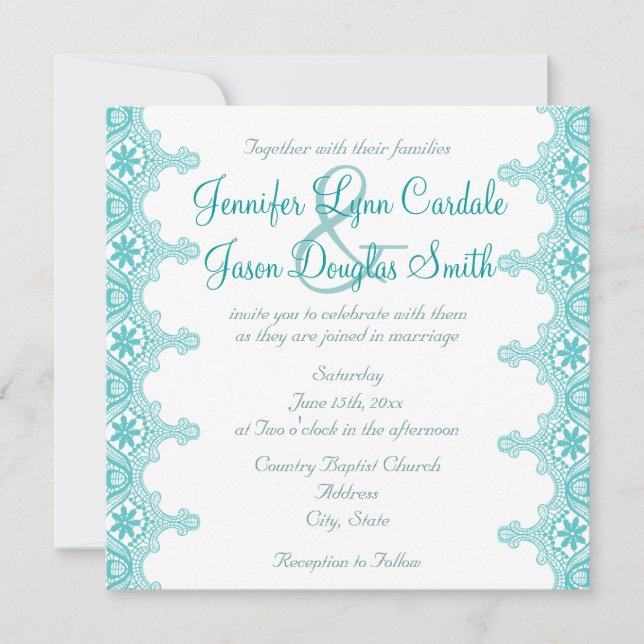 Elegant Teal Turquoise Lace Wedding Invitations (Front)