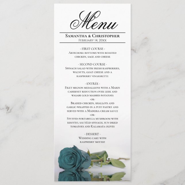 Elegant Teal Turquoise Rose White Back Wedding Menu (Front)