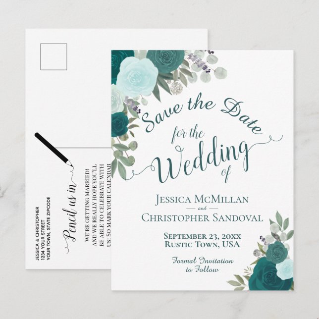Elegant Teal Turquoise Roses Wedding Save the Date Announcement Postcard (Front/Back)