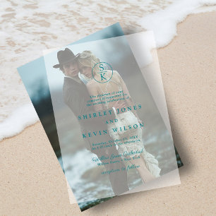 Elegant Teal Turquoise Watercolor Monogram Wedding Vellum Invitations
