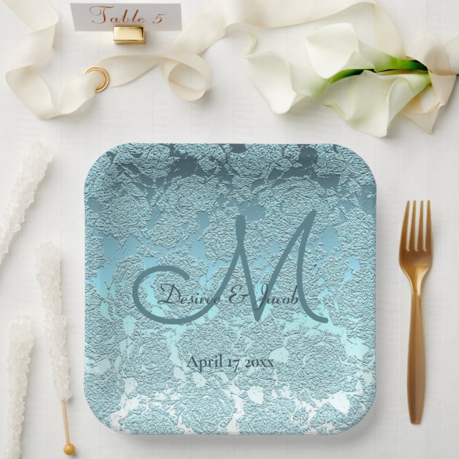 Elegant Teal Turquoise Wedding Reception Monogram Paper Plate (Wedding)