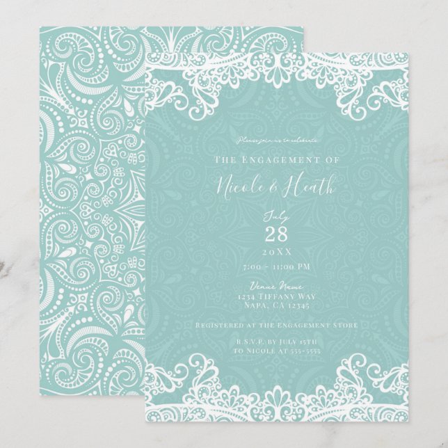 Elegant Teal Turquoise White Lace Engagement   Invitation (Front/Back)