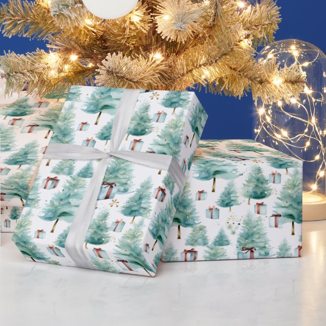 Elegant Teal Watercolor Christmas Trees with Gifts Wrapping Paper (Holidays)