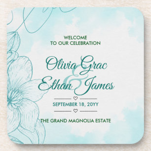 Elegant Teal Watercolor Floral Wedding Invitation Coaster