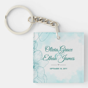 Elegant Teal Watercolor Floral Wedding Invitation Keychain