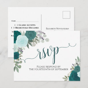 Elegant Teal Watercolor Roses Wedding RSVP Postcard