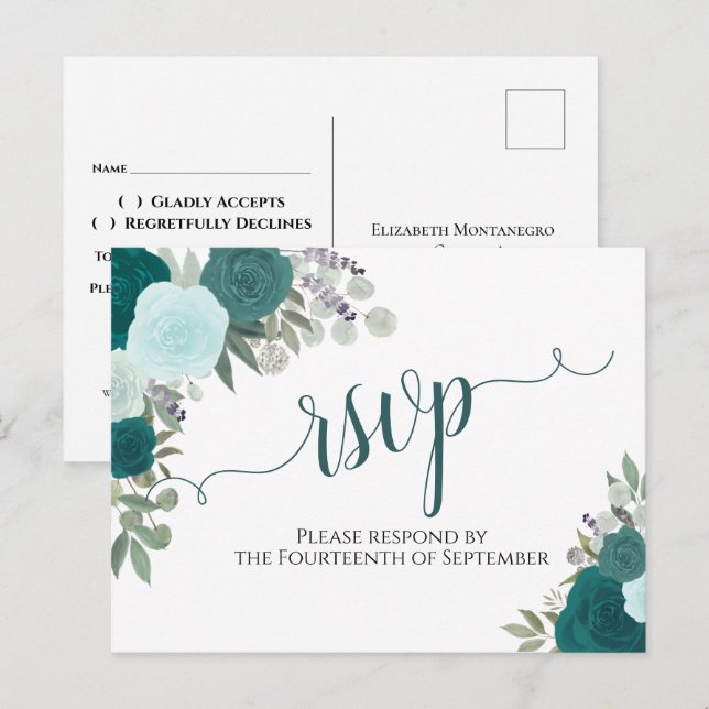Elegant Teal Watercolor Roses Wedding RSVP Postcard (Front/Back)