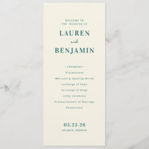 Elegant Teal Wedding Ceremony Schedule Program