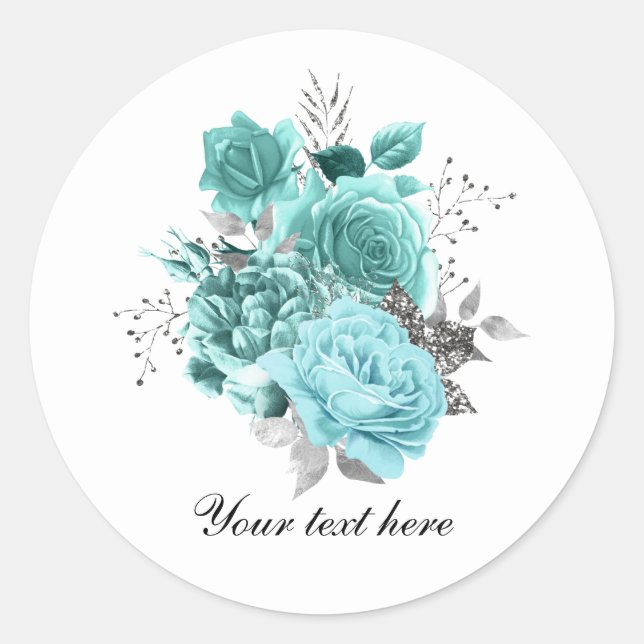 Elegant teal Wedding roses customizable Classic Round Sticker (Front)