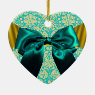ELEGANT TEAL WHITE DAMASK BLUE RIBBON MONOGRAM CERAMIC ORNAMENT