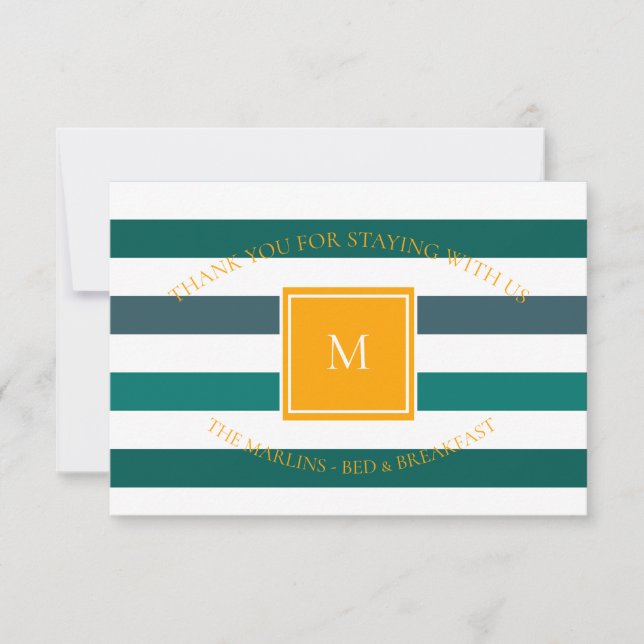 Elegant Teal White Striped Monogram Thank You Card (Front)