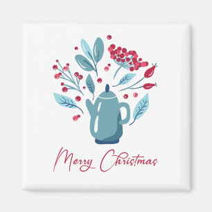 Elegant Teapot Bouquet Merry Christmas Magnet