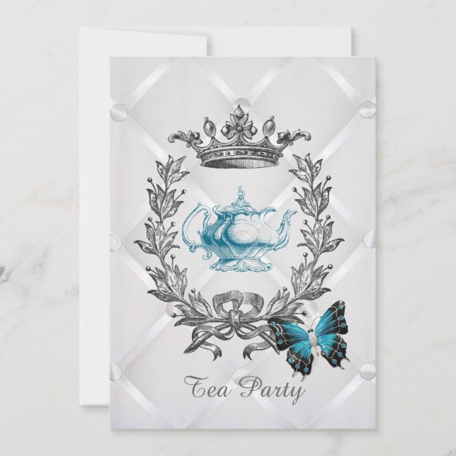 elegant teapot butterfly vintage tea party invitation (Front)
